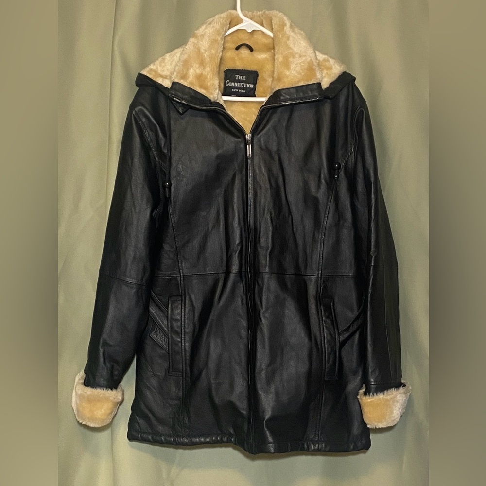 The Connection New York Black Leather Hooded Sherpa Lined Winter Coat Size M